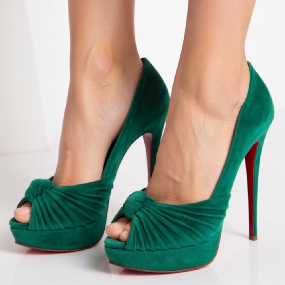 Christian Louboutin Green Pleated Suede Jenny Platform Pumps Size 39 US9 $1295